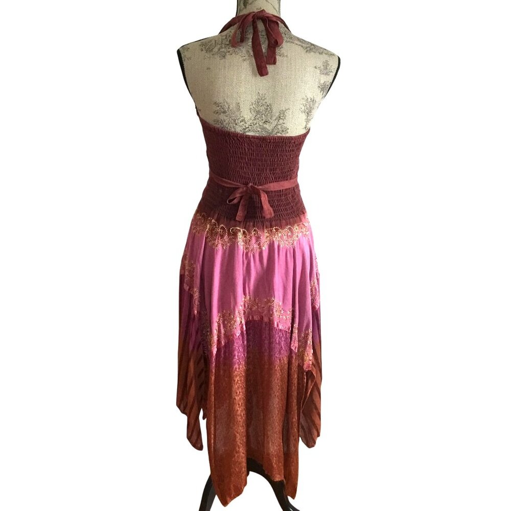 Boho Patchwork Women Halter Dress Sequin Embroidery Asymmetrical Cottagecore S - Picture 2 of 9